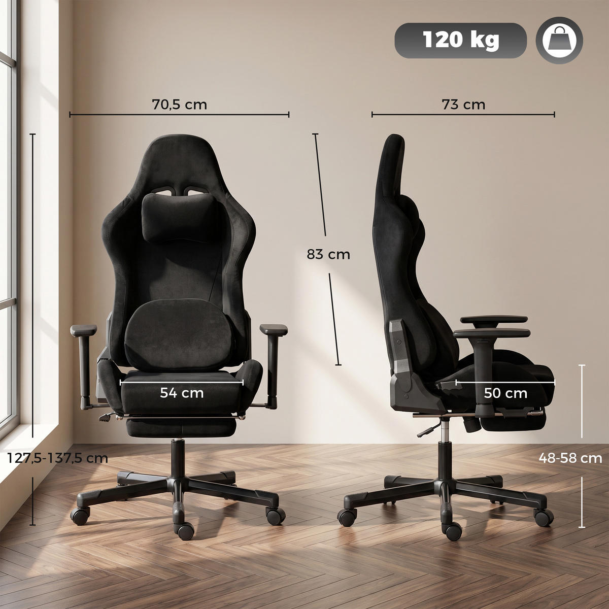 GAMING-STUHL Schwarz 73.0/70.5/137.5 cm - Schwarz, Textil (70.5/137.5/73cm)