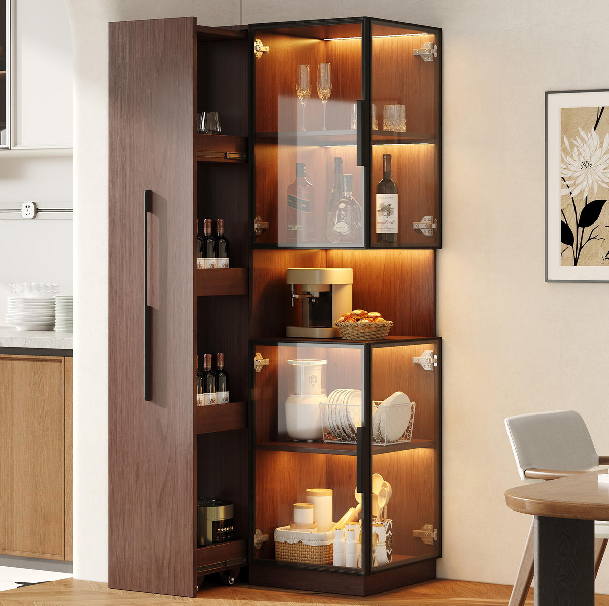 VITRINE 70/38/160 cm aus MDF und Glas mit LED-Beleuchtung und ausziehbaren Seitenregalen Walnussfarben - Walnussfarben, Holzwerkstoff (70/160/38cm) - Modenvie