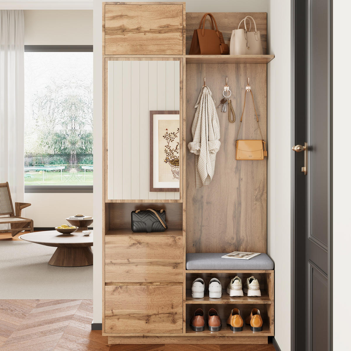 GARDEROBE Spiegel Sitzbank Schuhschrank - Naturfarben, Holz (90/190/34.5cm) - Fortuna Lai
