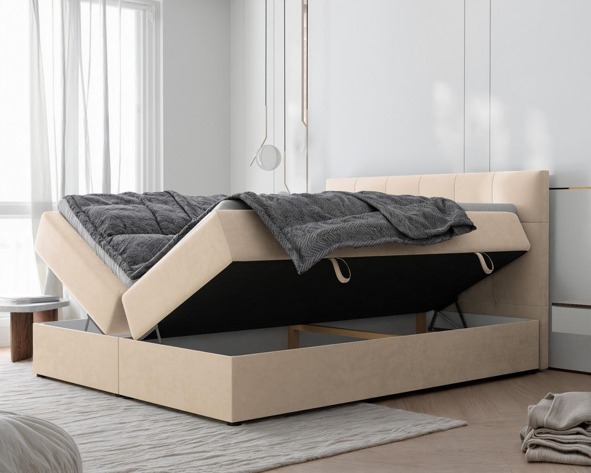 BOXBETT RENZO 200/200 cm mit Matratze und Topper, Hellbeige - Sandfarben, Holzwerkstoff/Textil (200/200cm) - Idohome