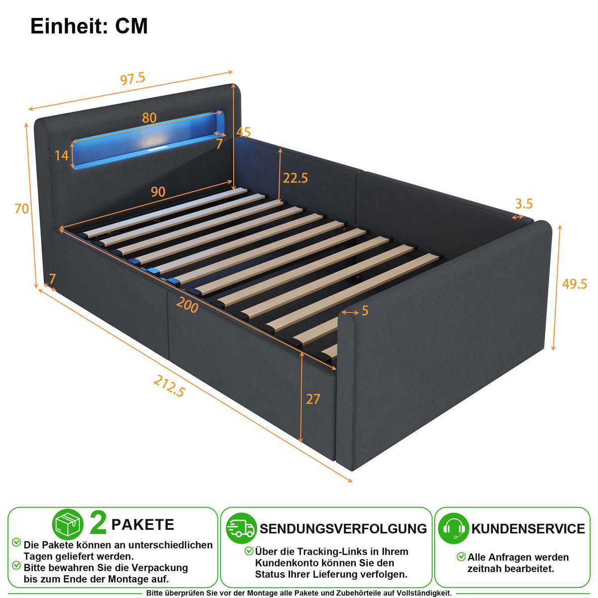KINDERBETT 90/200 cm in Dunkelgrau mit LED, USB, Regal und Bettkasten Samt - Dunkelgrau, Holzwerkstoff/Textil (90/200cm) - CHICFURN