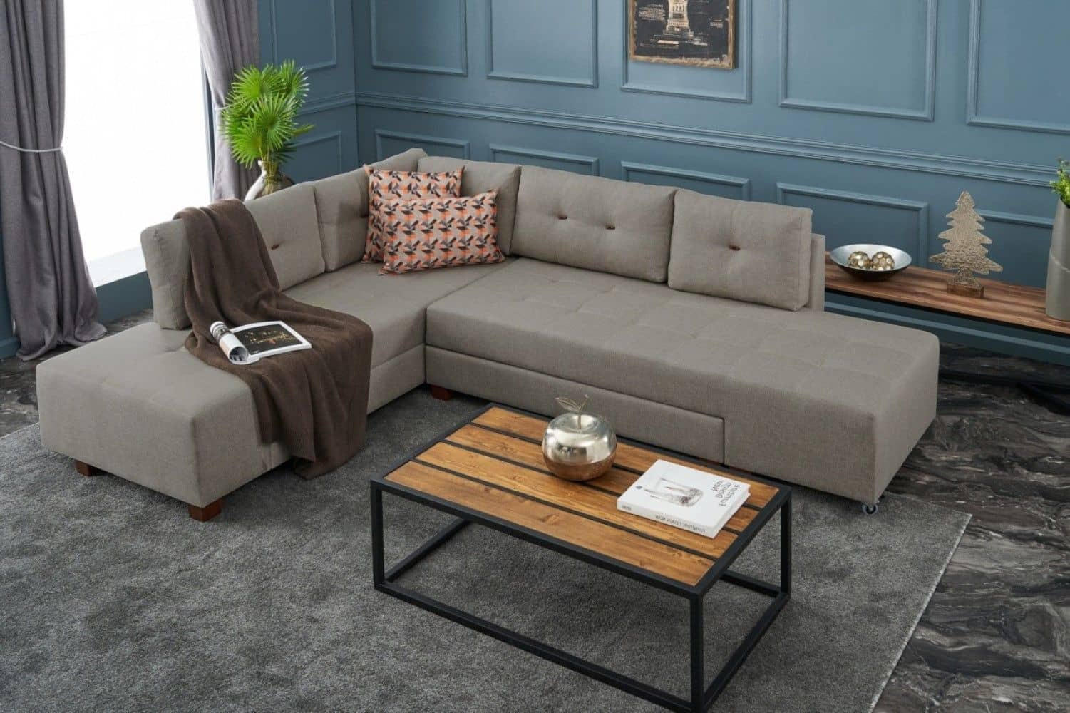 ECKSOFA mit rollbarer Schlaffunktion - Beige/Walnussfarben, Holzwerkstoff/Kunststoff (280/206cm) - myHomelando