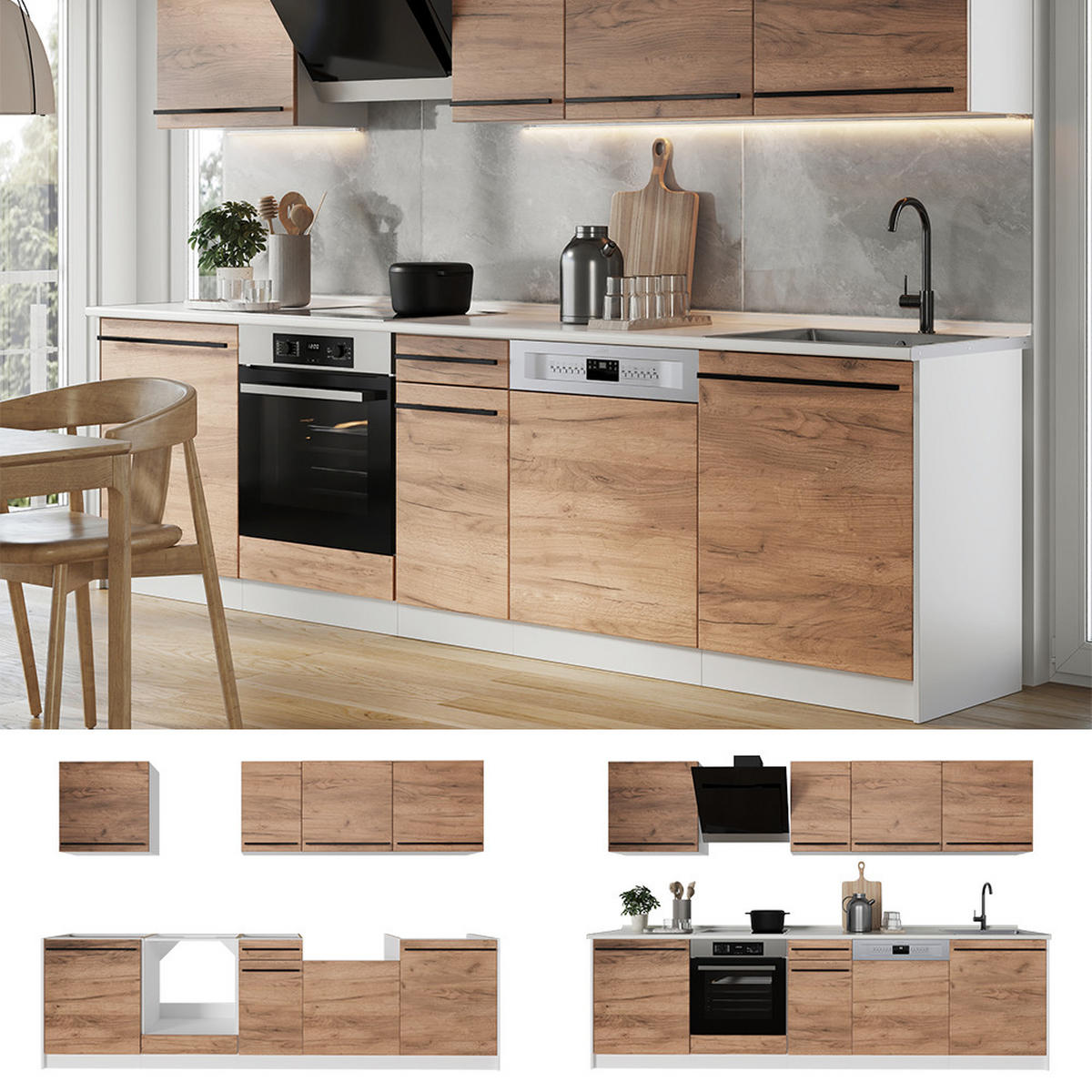 KÜCHENZEILE R-Line, Goldkraft Eiche/Weiß, 280 cm ohne Arbeitsplatte - Honigeiche/Weiß, Holzwerkstoff (280/206.8/46cm) - Vicco
