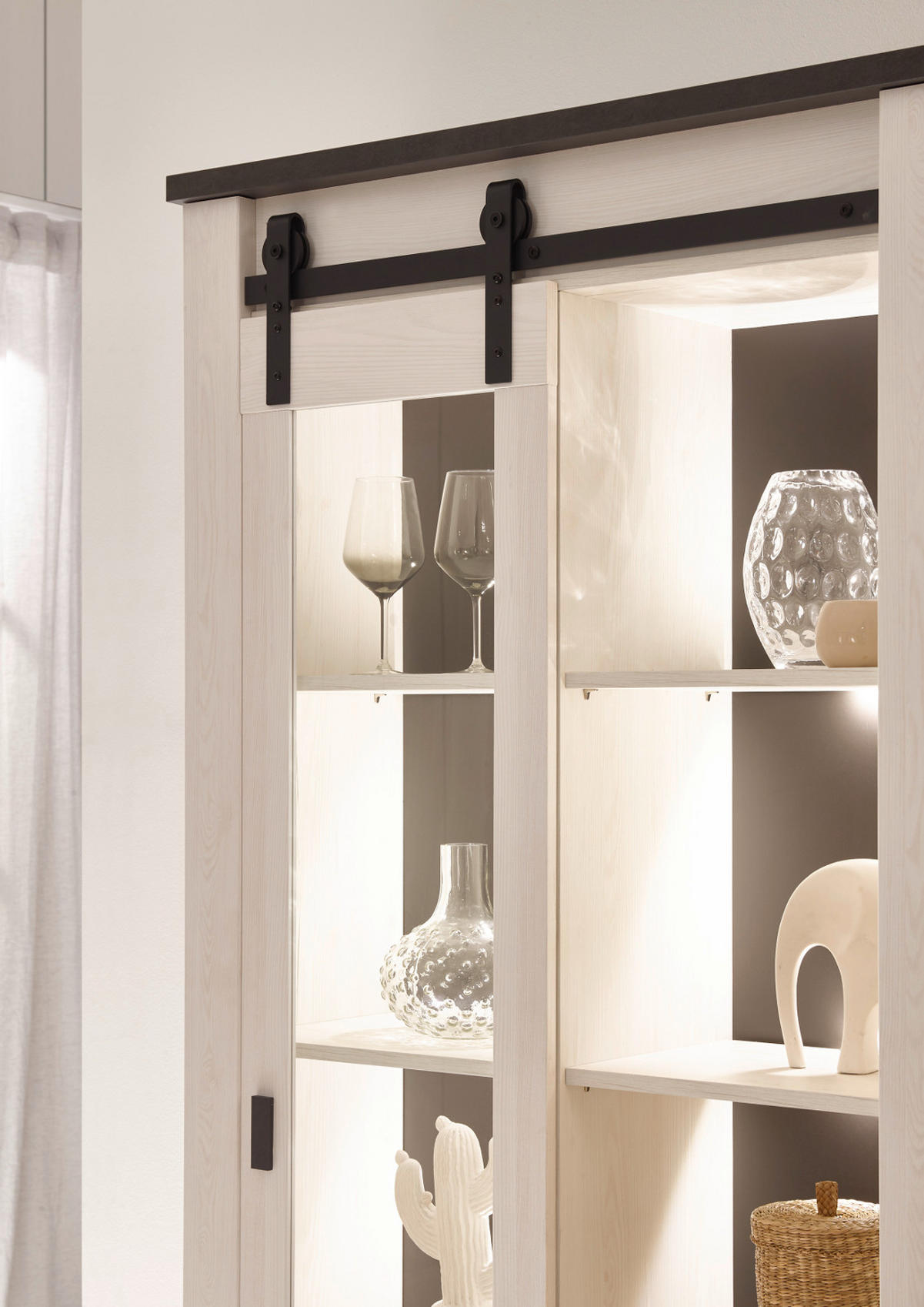 WOHNWAND weiß Pinie, anthrazit Landhaus, Wohnkombination 4-teilig 388 cm - Anthrazit/Weiß, Holzwerkstoff/Metall (388/201/43cm) - Furn.Design