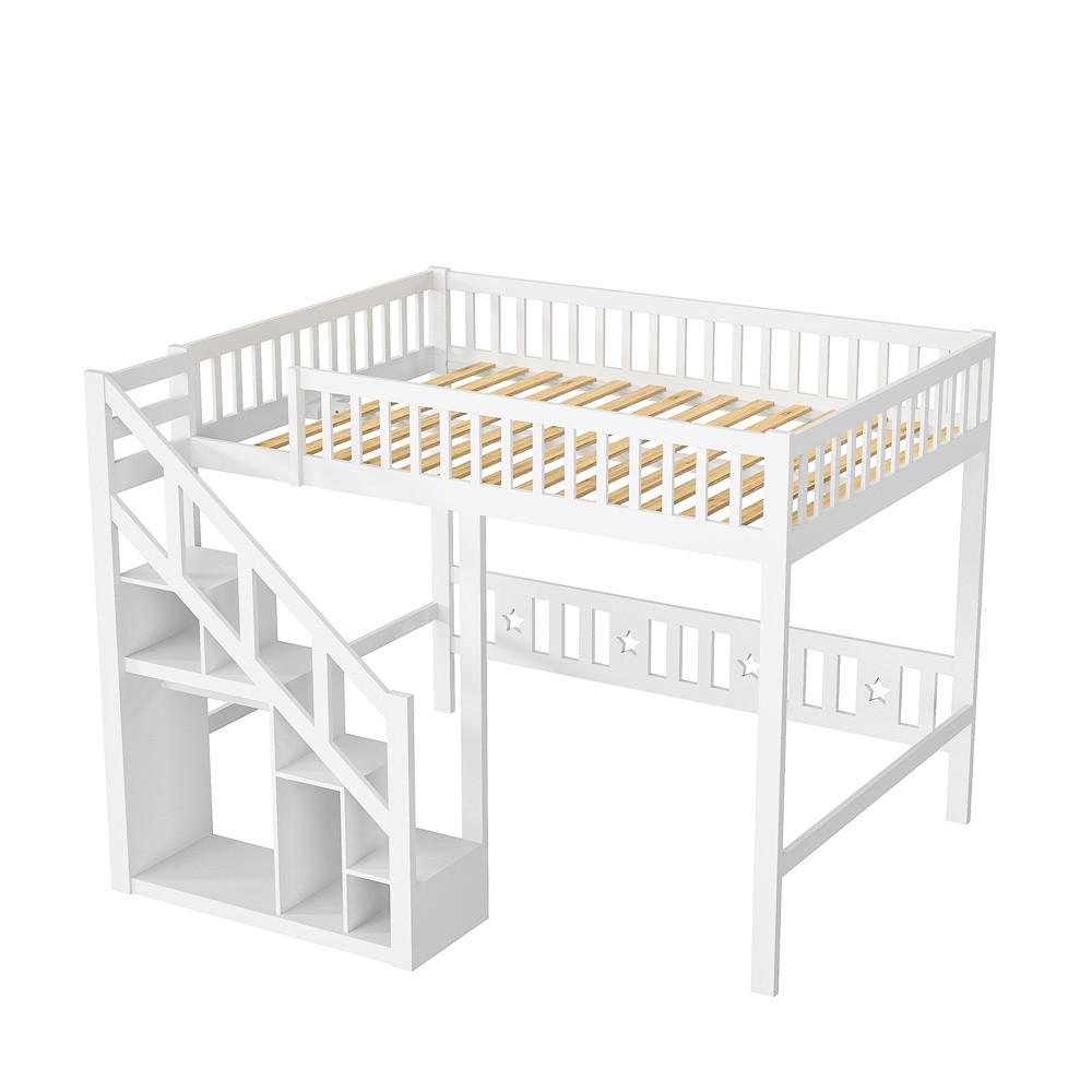 HOCHBETT 140x200 cm - Multifunktionales Kinderbett mit Treppenregal und hohem Rausfallschutz - ohne Matratze - Weiß - Weiß, Holz (140/200cm) - DELFA