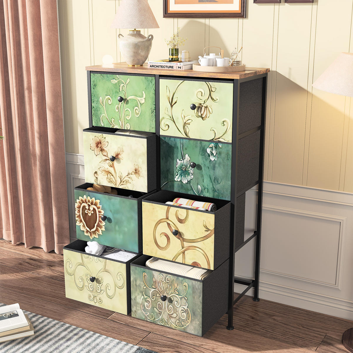 KOMMODE mit 8 Stoffschubladen, Sideboard für Küche, Büro, Flur - Multicolor, Holz (30/100/67.5cm)