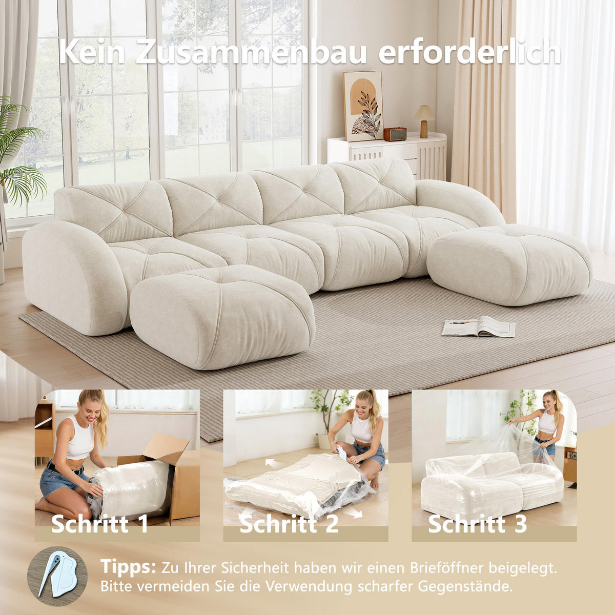 WOHNLANDSCHAFT Chenille Hellbeige mit 2 Hocker - Weiß, Textil (358/76/171cm) - WISHDOR