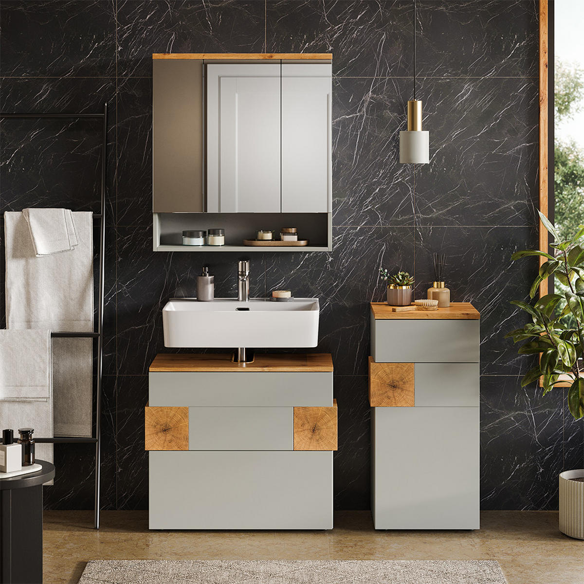 BADMÖBEL-SET Eden Grau/Artisan 3 Teile - Grau, Holzwerkstoff (70/64.5/37cm) - Vicco