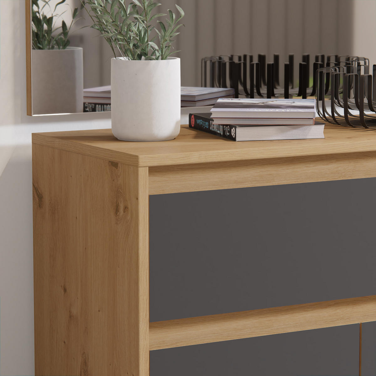 KOMPAKTGARDEROBE grau, Eiche 90 x 189 cm, Garderobe mit Spiegel - Eichefarben/Grau, Holzwerkstoff (90/189/39cm) - Inn.Furn