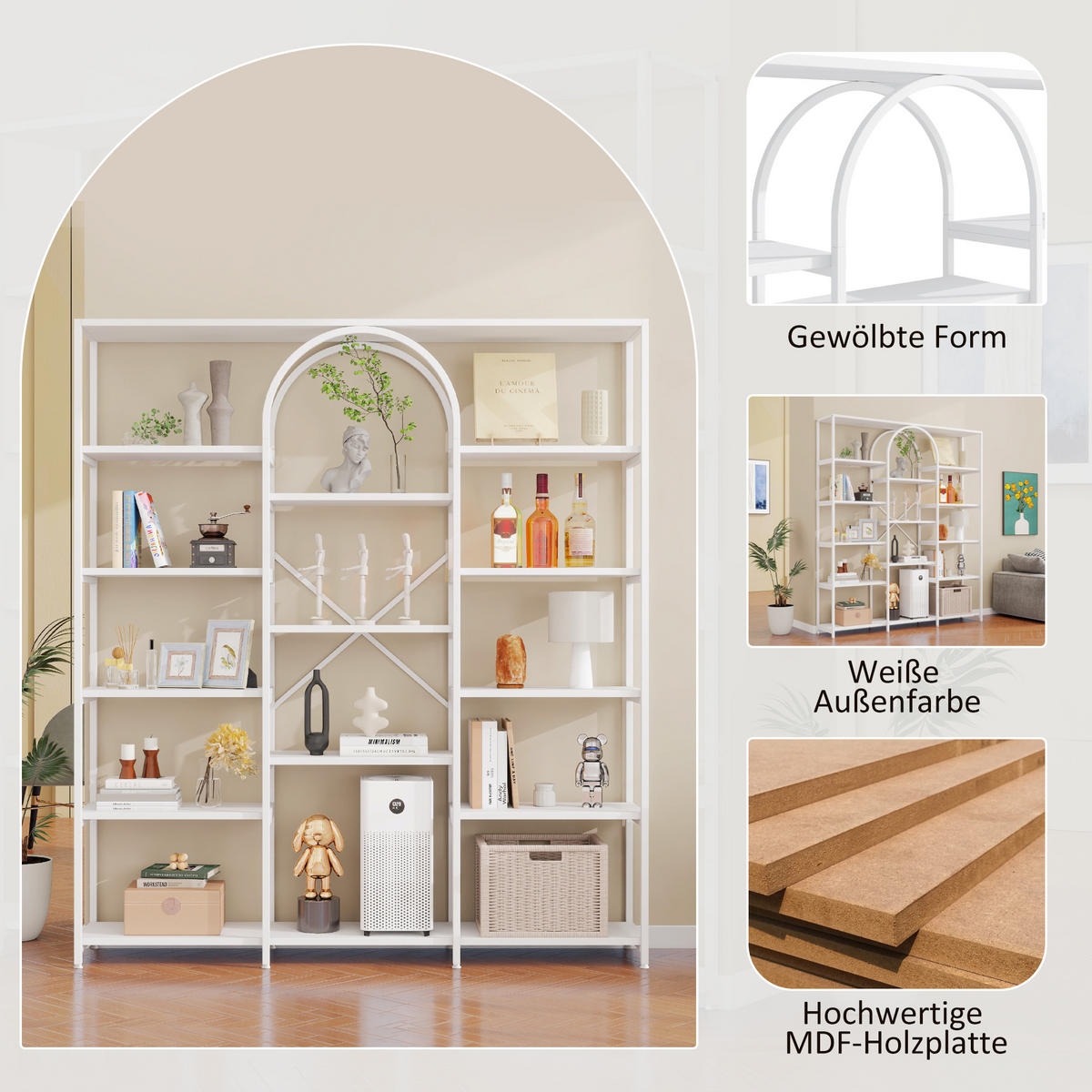 REGALE in weiß, bogen-design & 15 offene fächer - Weiß, Holzwerkstoff (160/180/30cm) - Urban Meuble