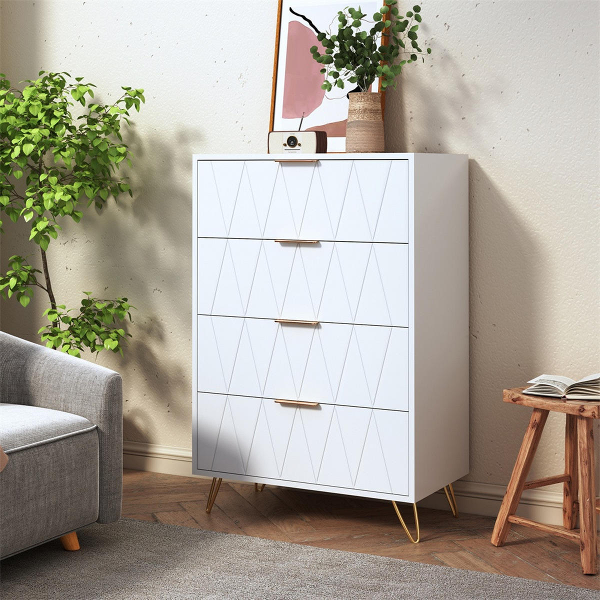 KOMMODE mit 4 Schubladen - Rautenmuster-Design und goldene Metallbeine - für Wohnzimmer und Schlafzimmer - Weiß - Weiß, Holzwerkstoff (60/90/34cm) - DELFA
