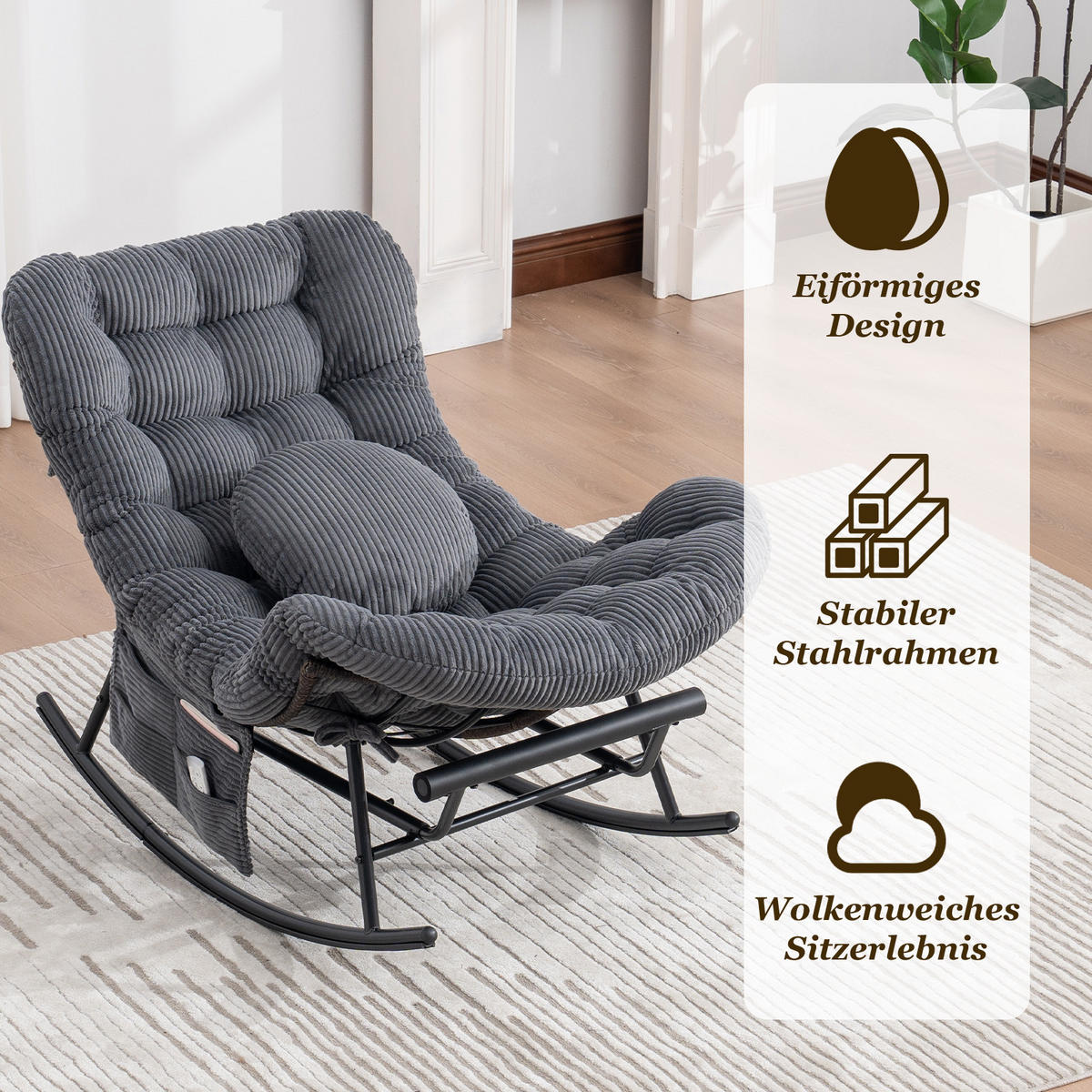SCHAUKELSTUHL mit Fußstütze, Schaukelsessel XXL Rattanstuhl mit Kissen, Cord, Dunkelgrau - Dunkelgrau, Textil (90/78/150cm) - LVHOM