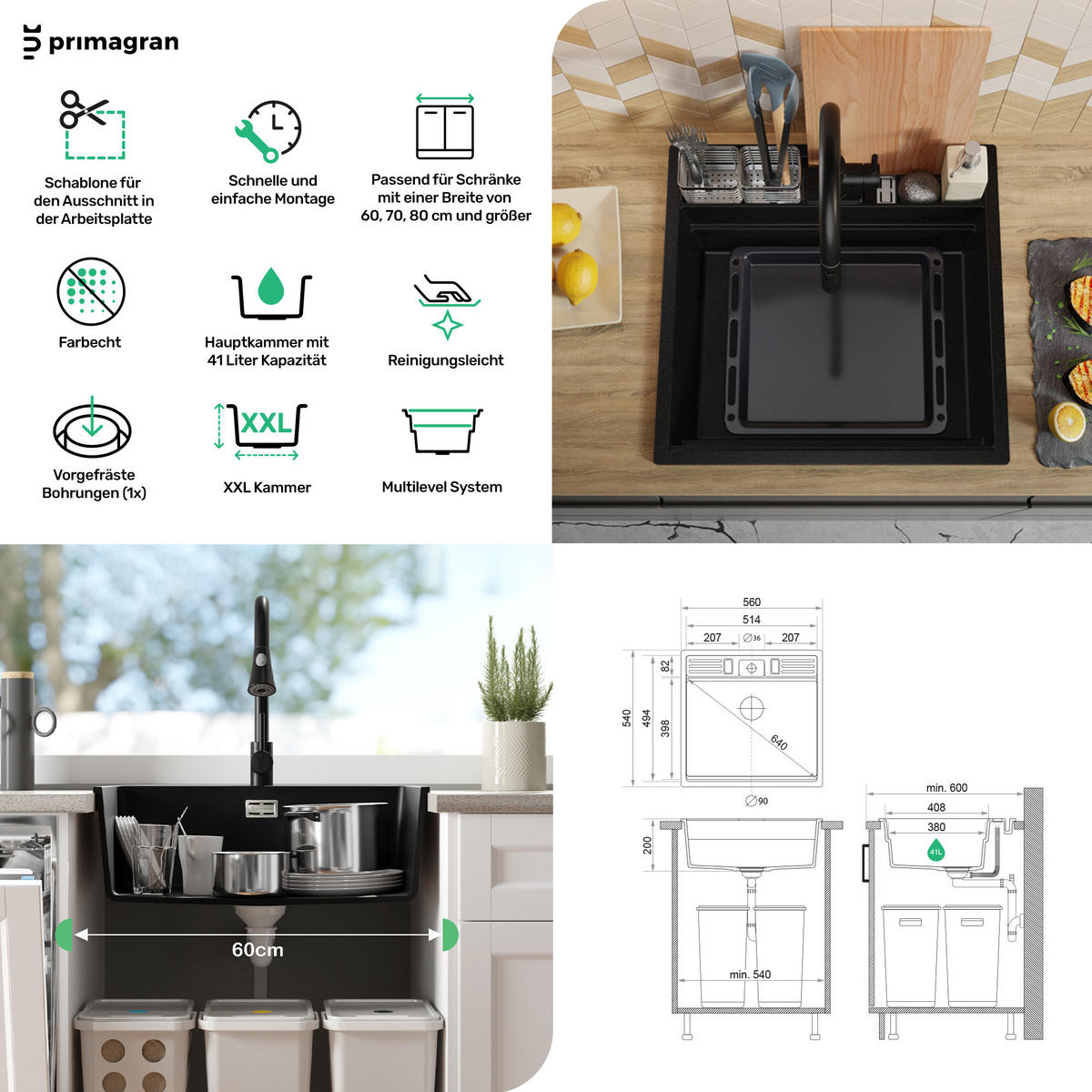 SPÜLBECKEN Bergen Pocket, 2-er set Weiß 56/54 cm 1 Becken + Ablauf-Set + Küchenzubehörset ab 60er Unterschrank - Chromfarben/Beige, Kunststoff (56/20/54cm) - Primagran