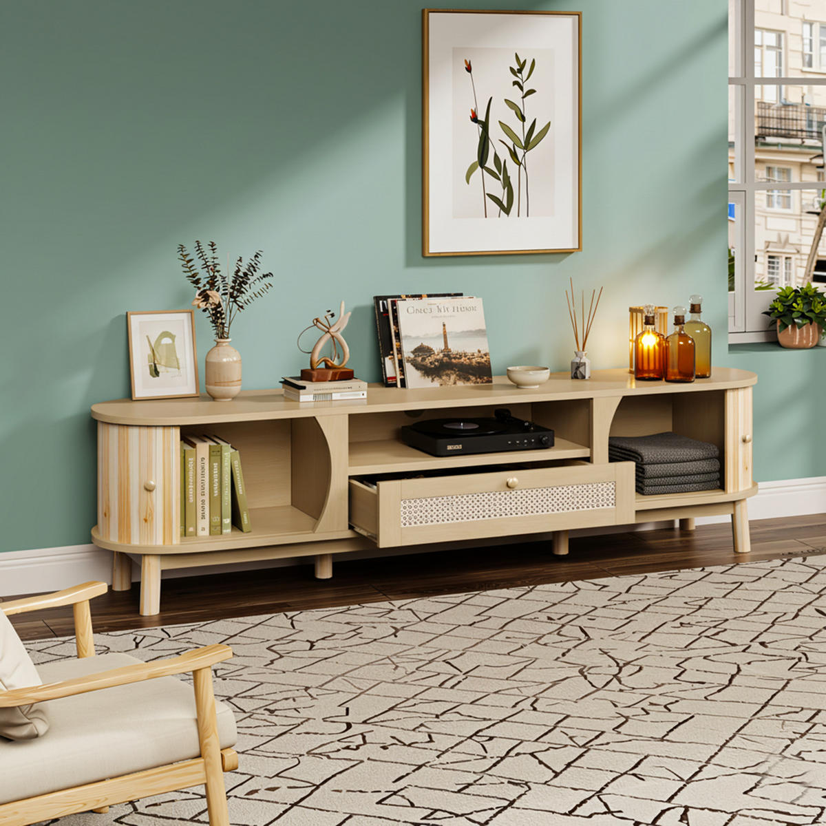 TV-SCHRANK 165 cm Natur MDF mit Rattan-Schublade, Schiebetüren & Stauraum - Naturfarben, Holzwerkstoff (165/46/37cm) - Urban Meuble