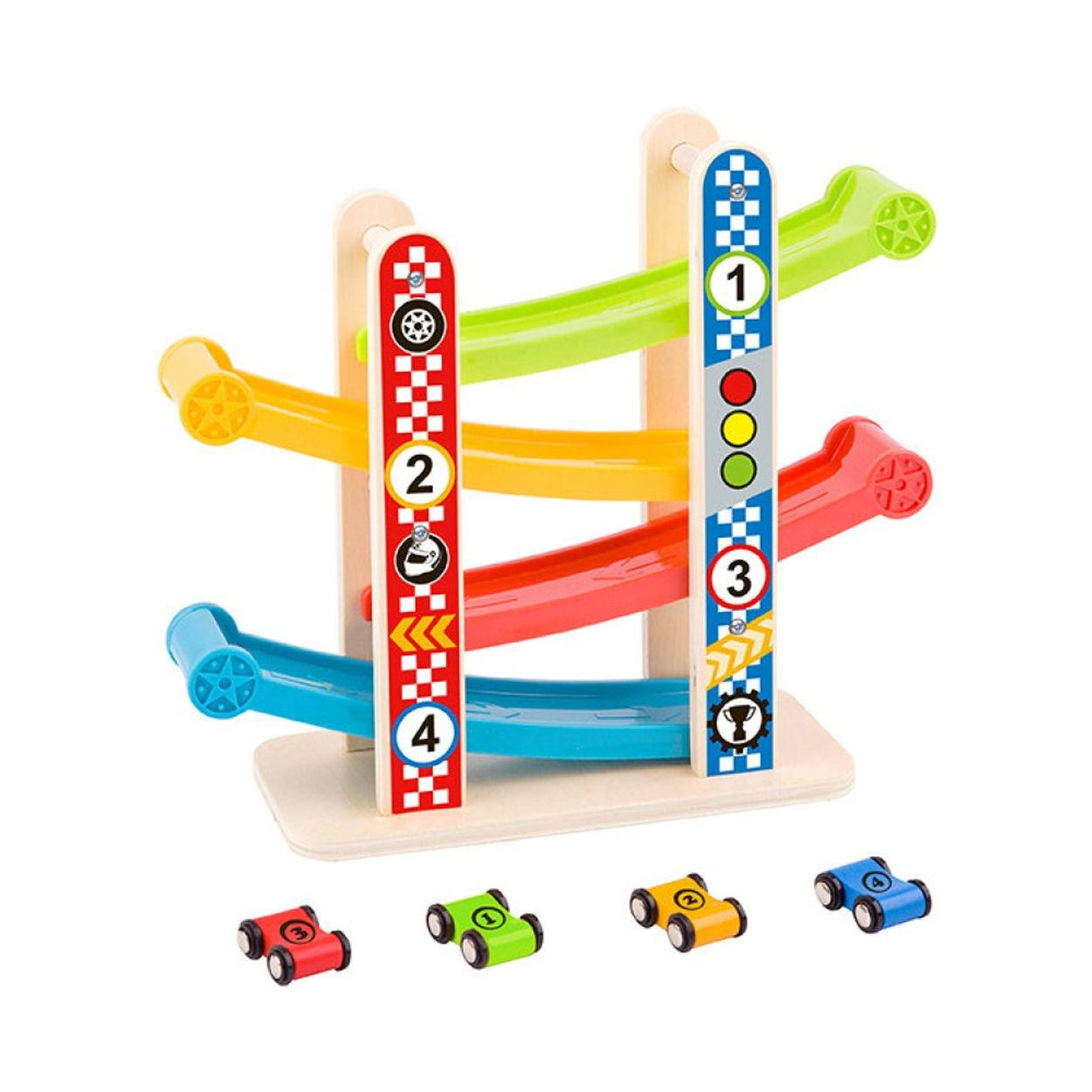 SPIELZEUGAUTO Rennbahn TY840 klein bunt Holz, Rutschturm, 4 Ebenen, 4 Rennautos, klein, ab 18 Monate - Multicolor, Holz (10/27/32cm) - Tooky Toy