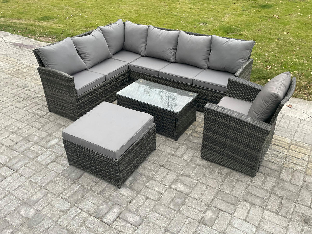 GARTENSET mit Couchtisch, Fußhocker Polyrattan Dunkelgrau 8-Sitzer - Dunkelgrau/Grau, Glas/Kunststoff - Fimous