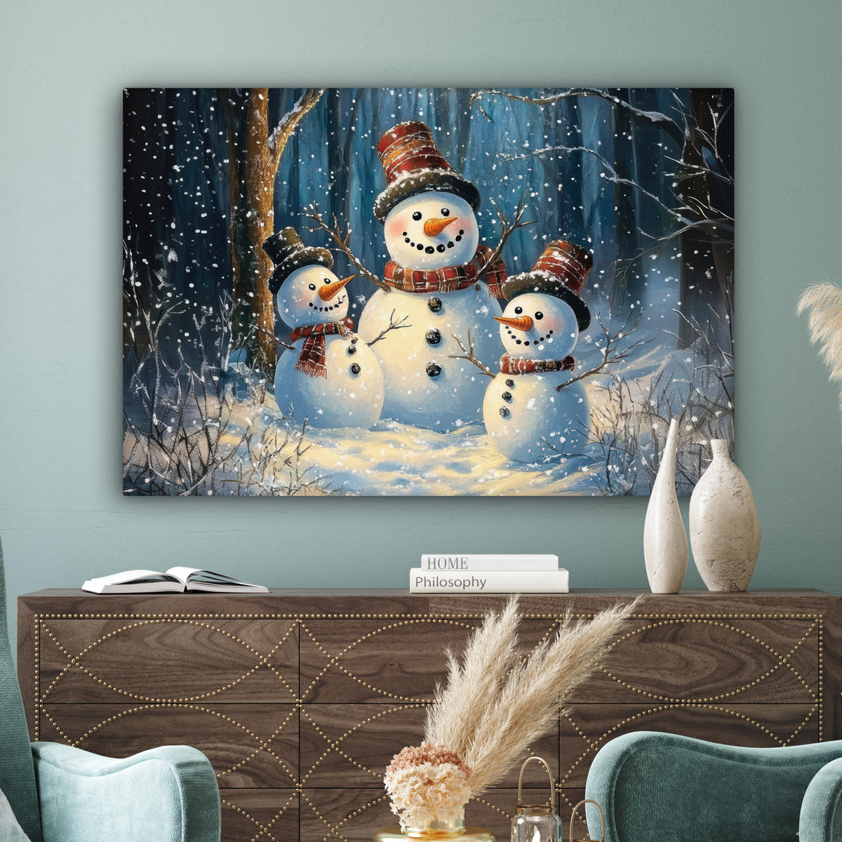 LEINWANDBILD Schneemann - Schnee - Winter - Wald XXL 150x100 cm - Hellblau, Textil (150/100cm) - MuchoWow