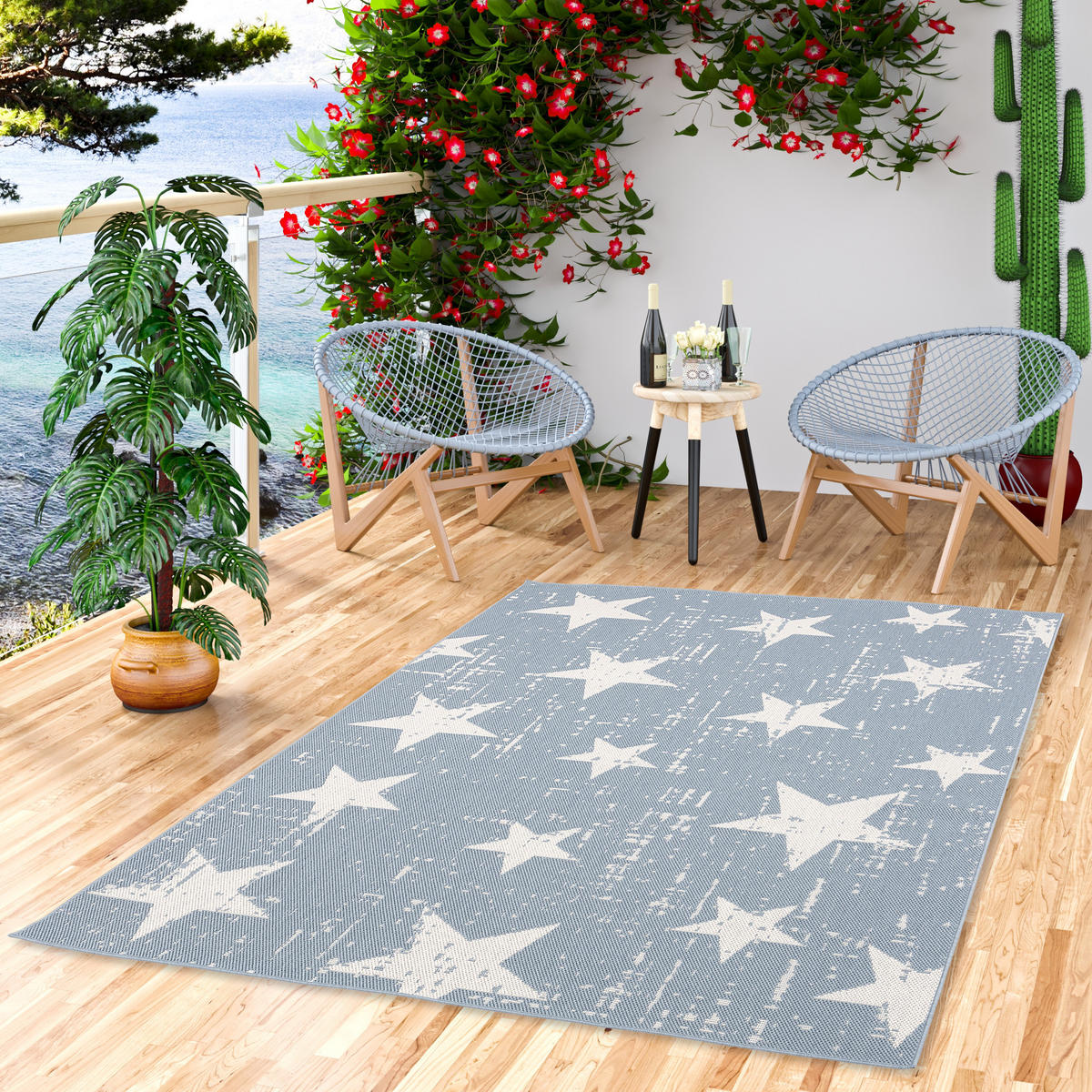 IN & OUTDOOR TEPPICH FLACHGEWEBE MARBELLA STERNE - Blau, Textil (140/200cm) - Pergamon