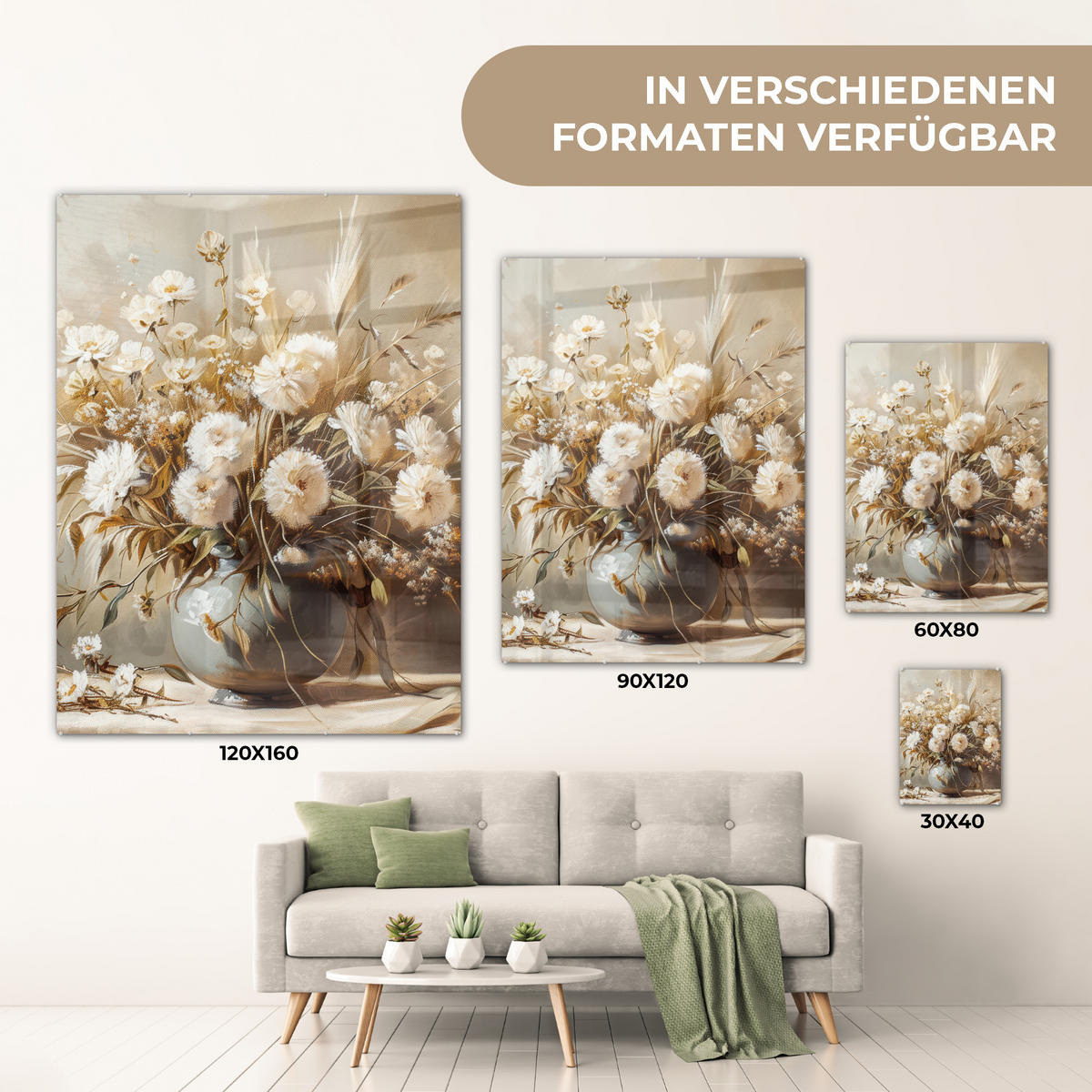 ACRYLGLASBILD Blumen - Vase - Stilleben - Beige 60x80 cm - Creme, Glas (60/80cm) - MuchoWow