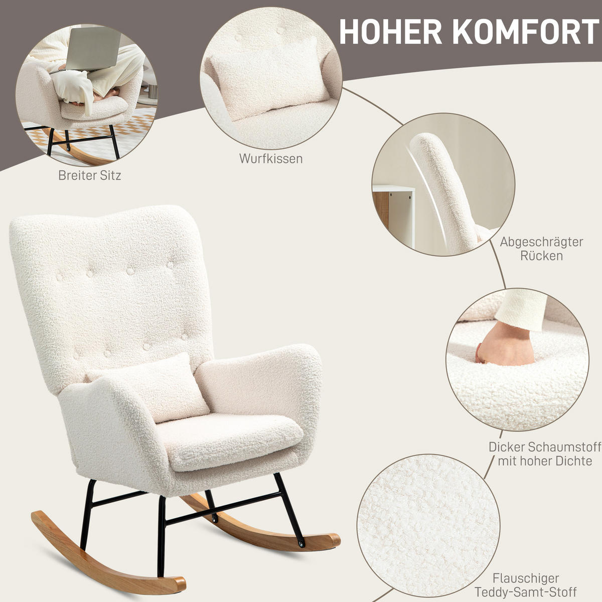 SCHAUKELSTUHL 69/92/100 cm cremeweiß aus Schaumstoff mit Lammfell-Optik - Creme, Textil (69/100/92cm) - OKWISH