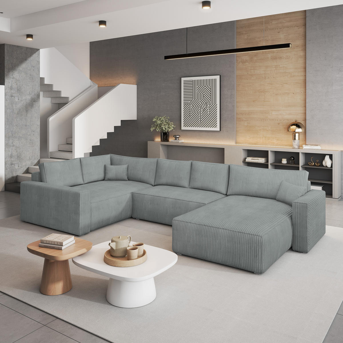 WOHNLANDSCHAFT VELAMI L-S Hellgrau Kordstoff mit Schlaffunktion - Hellgrau, Holz (365/83/194cm) - MASSENO
