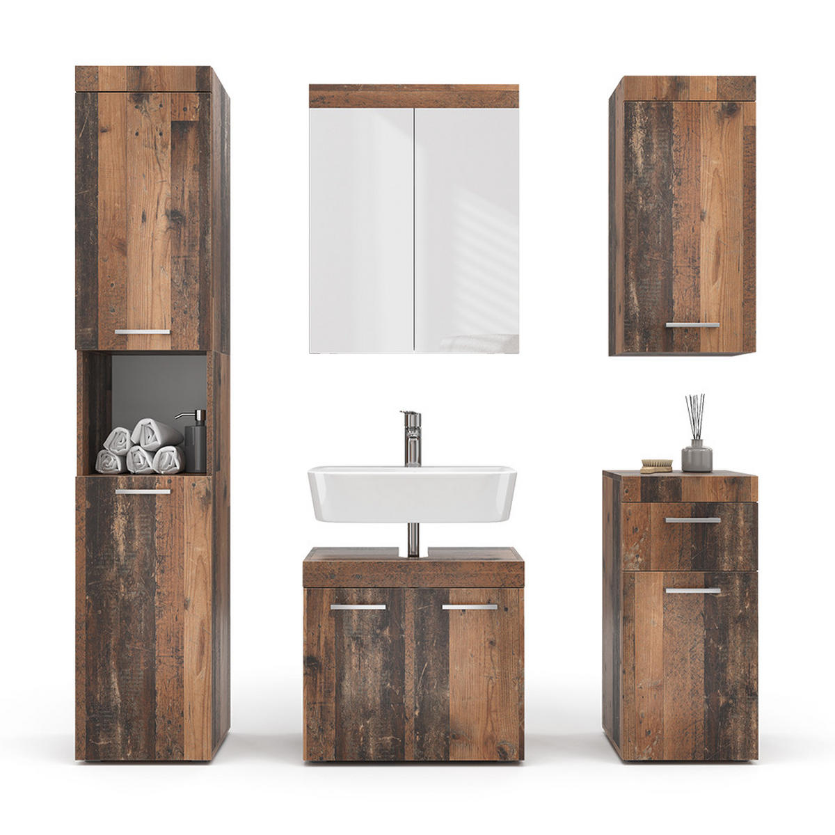 BADMÖBEL-SET Luna Oldstyle 5 Teile - Braun, Holzwerkstoff (60/56/34cm) - Vicco