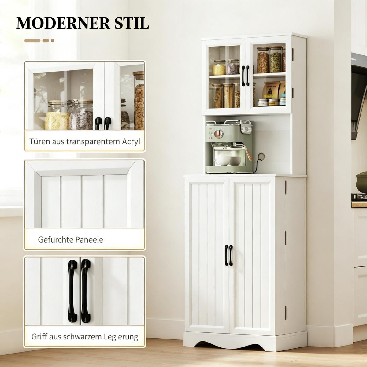 BUFFET DE-38833 60/39,5/179,6 cm 4 Türen und 8 Gewürzhalter Weiß - Weiß, Holzwerkstoff (60/179.6/39.5cm) - ComfortXL