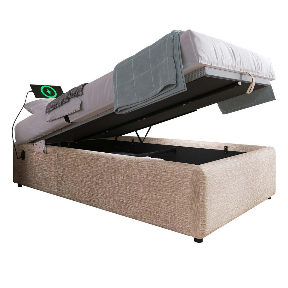 POLSTERBETT 90x190cm Einzelbett Stauraum USB-C & Lattenrost Natur - Beige, Holz - FLIEKS