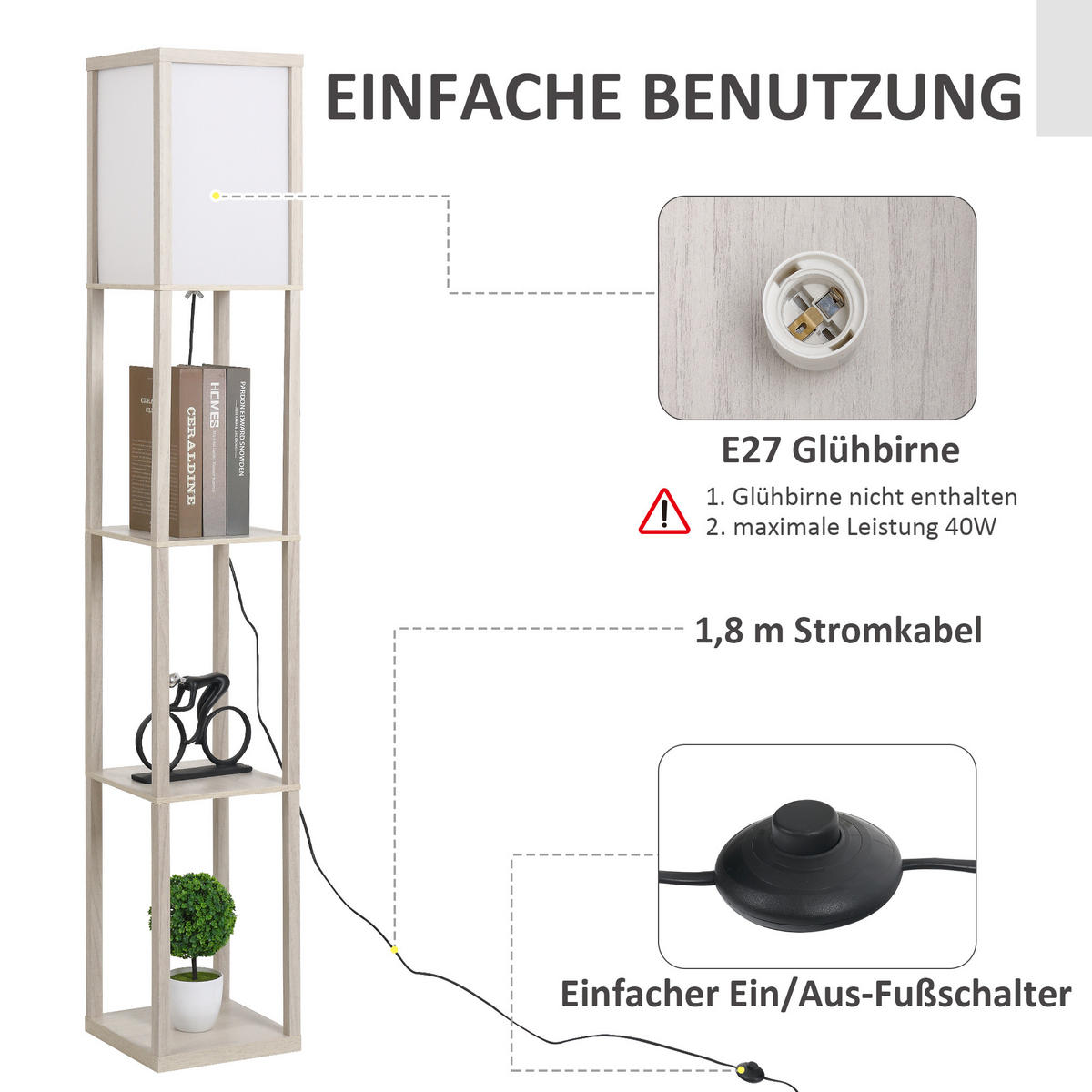 STEHLEUCHTE, Stehlampe, Eiche+Weiß - Multicolor, Glas (26/26/160cm) - HOMCOM
