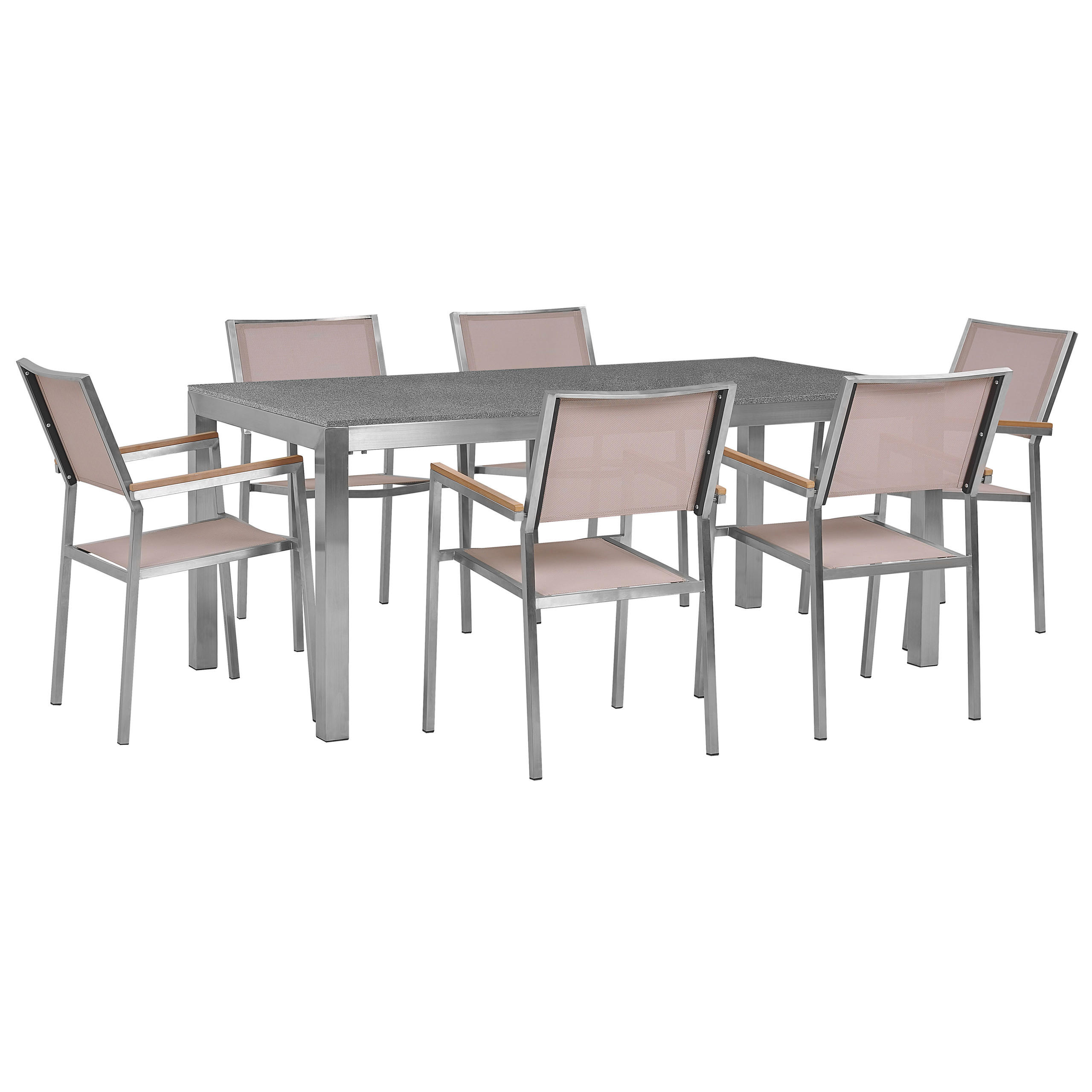 GARTENMÖBEL SET 6-Sitzer Granit grau poliert Textilbespannung beige Grosseto - Beige/Silberfarben, Metall - Beliani
