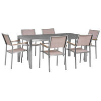 GARTENMÖBEL SET 6-Sitzer Granit grau poliert Textilbespannung beige Grosseto - Beige/Silberfarben, Metall - Beliani