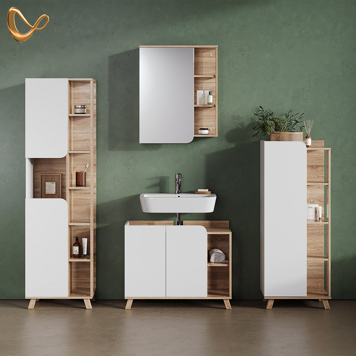 KOMPLET KOPALNIŠKEGA POHIŠTVA Marano, Sonoma/Bela, 4-delni - bela/hrast sonoma, leseni material (80/65/35cm) - Livinity®