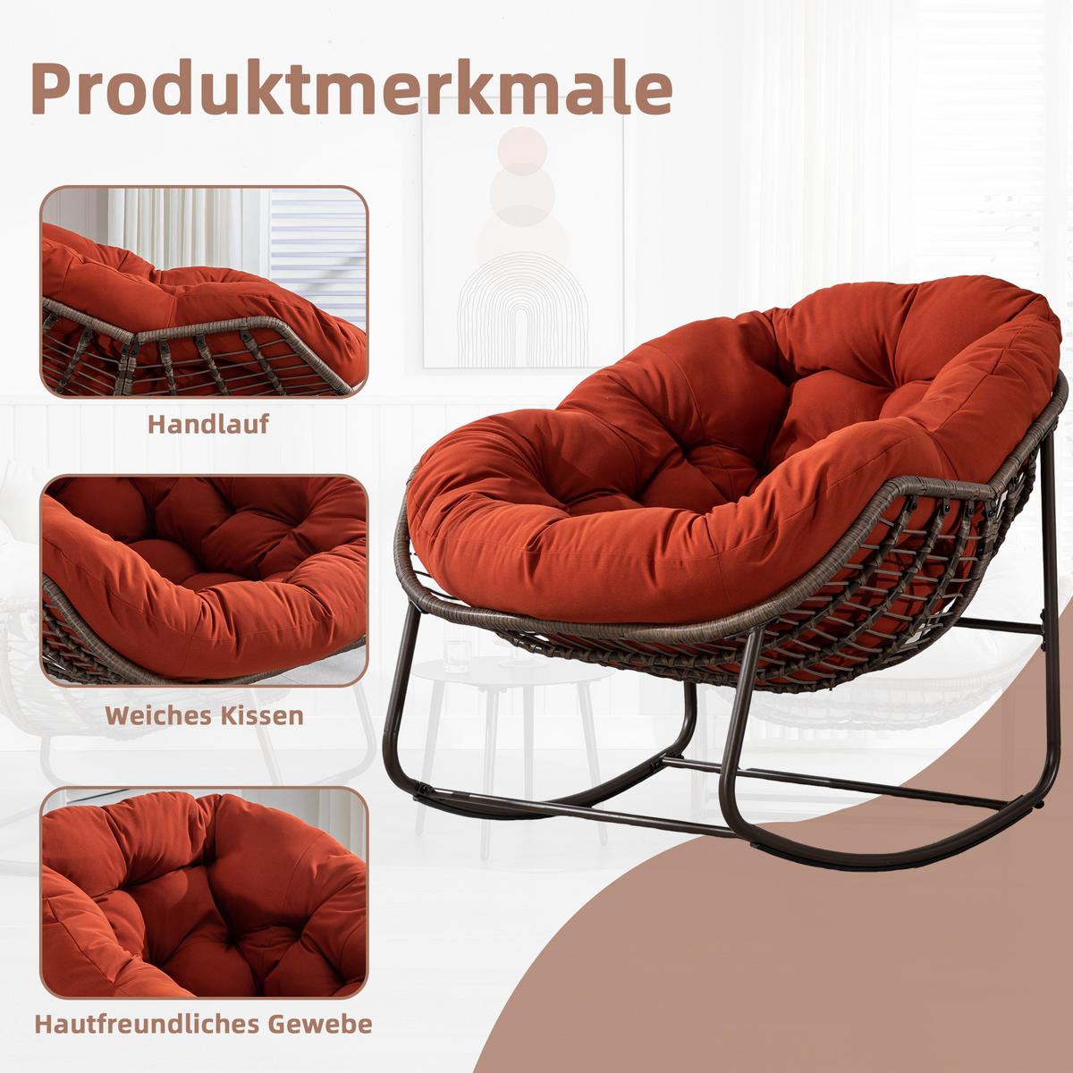 SCHAUKELSTUHL Schaukelsessel Garten,Rattanstuhl mit Stahlrahmen,Orange-Polyester - Orange, Metall (94.5/80/111cm) - LVHOM