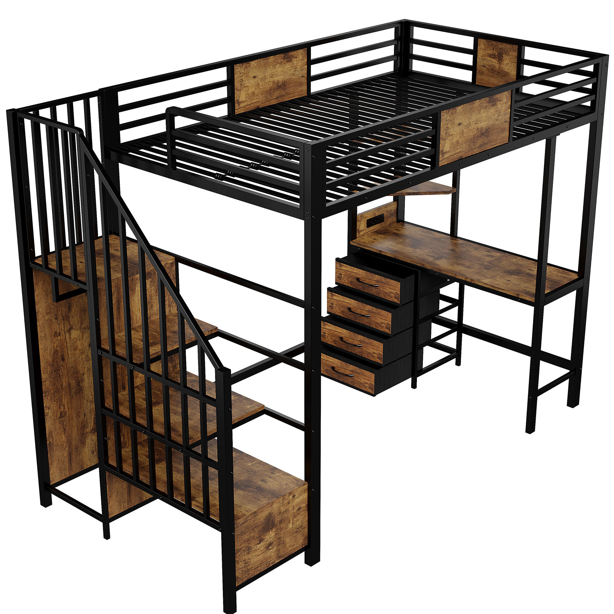 HOCHBETT 90/200 cm DE-01486, in Schwarz, mit Schreibtisch, LED und Steckdose - Schwarz, Metall (90/200cm) - ComfortXL