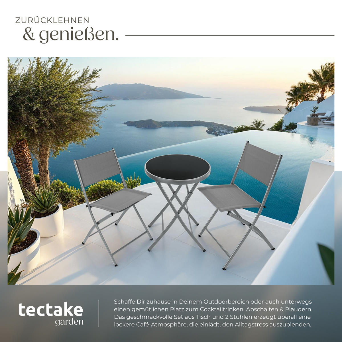 BISTRO-SET Düsseldorf,Tisch mit Sicherheitsglasplatte,grau - Grau, Naturmaterialien/Kunststoff - tectake