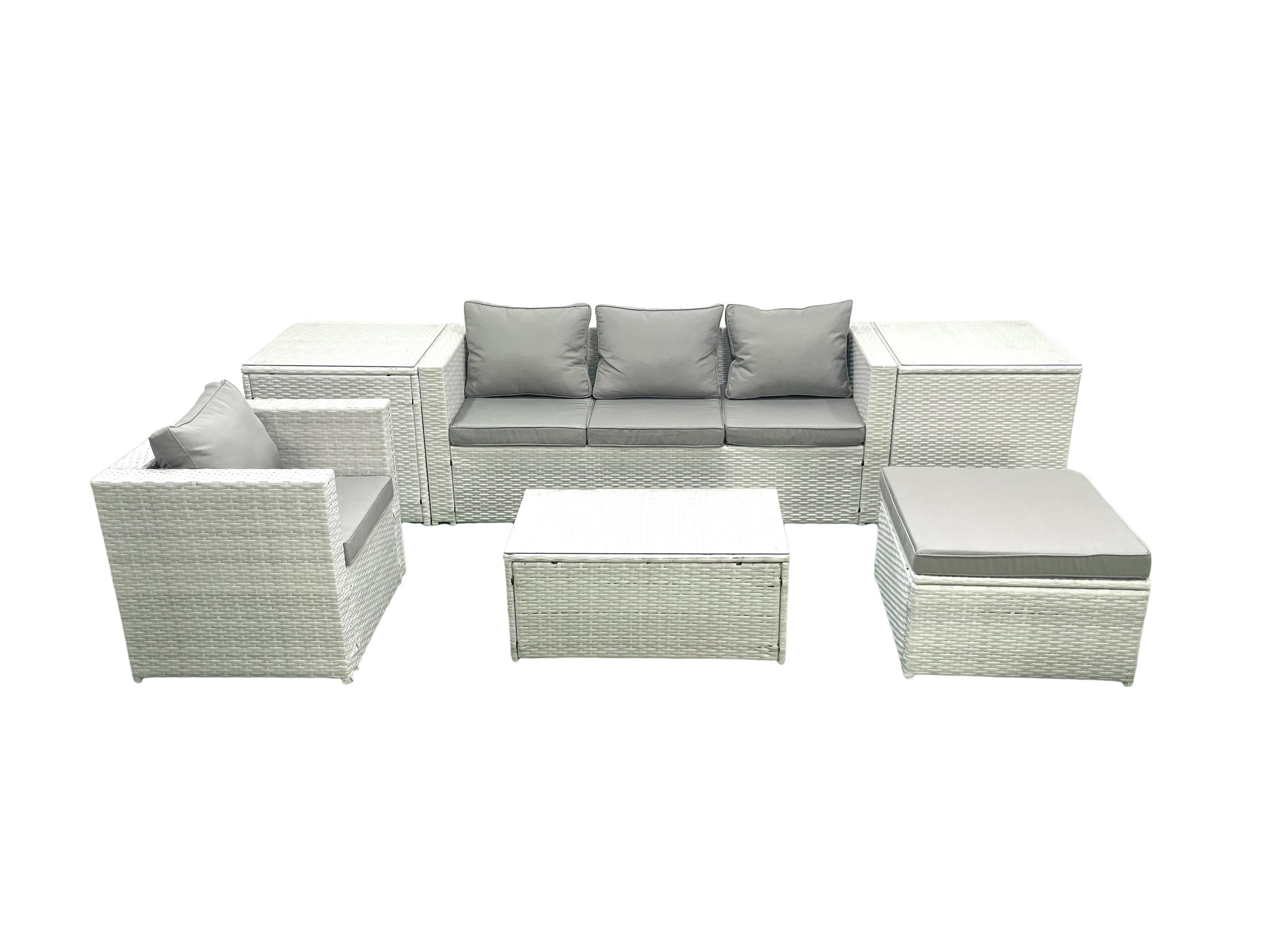 GARTENSET mit 3-SITZER SOFA,COUCHTISCH Polyrattan Hellgrau-Mix 5-Sitzer - Hellgrau/Grau, Glas/Kunststoff - Fimous