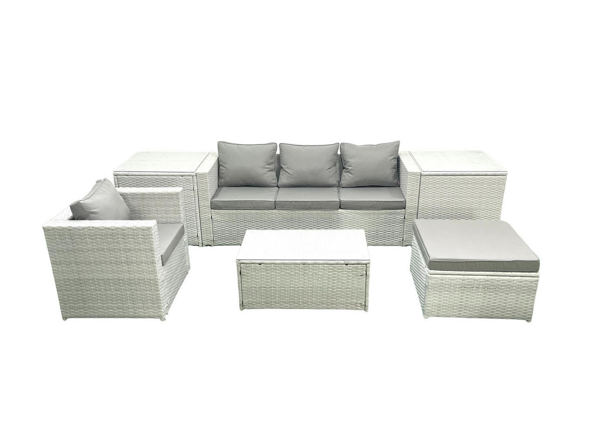 GARTENSET mit 3-SITZER SOFA,COUCHTISCH Polyrattan Hellgrau-Mix 5-Sitzer - Hellgrau/Grau, Glas/Kunststoff - Fimous