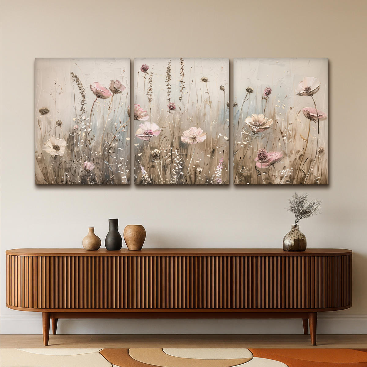 LEINWANDBILD 3er Set Blumen - Beige - Modern - Rosa 180x80 cm - Ecru, Textil (180/80cm) - MuchoWow