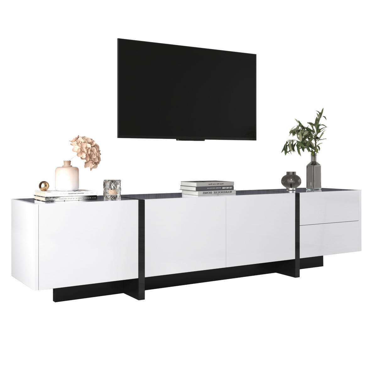 TV-SCHRANK aus Spanplatte 190x35x45 cm Weiß und Schwarz mit 3 Türen, 2 Schubladen und hochglänzender Oberfläche - Weiß, Holzwerkstoff (190/35/45cm) - Modfu