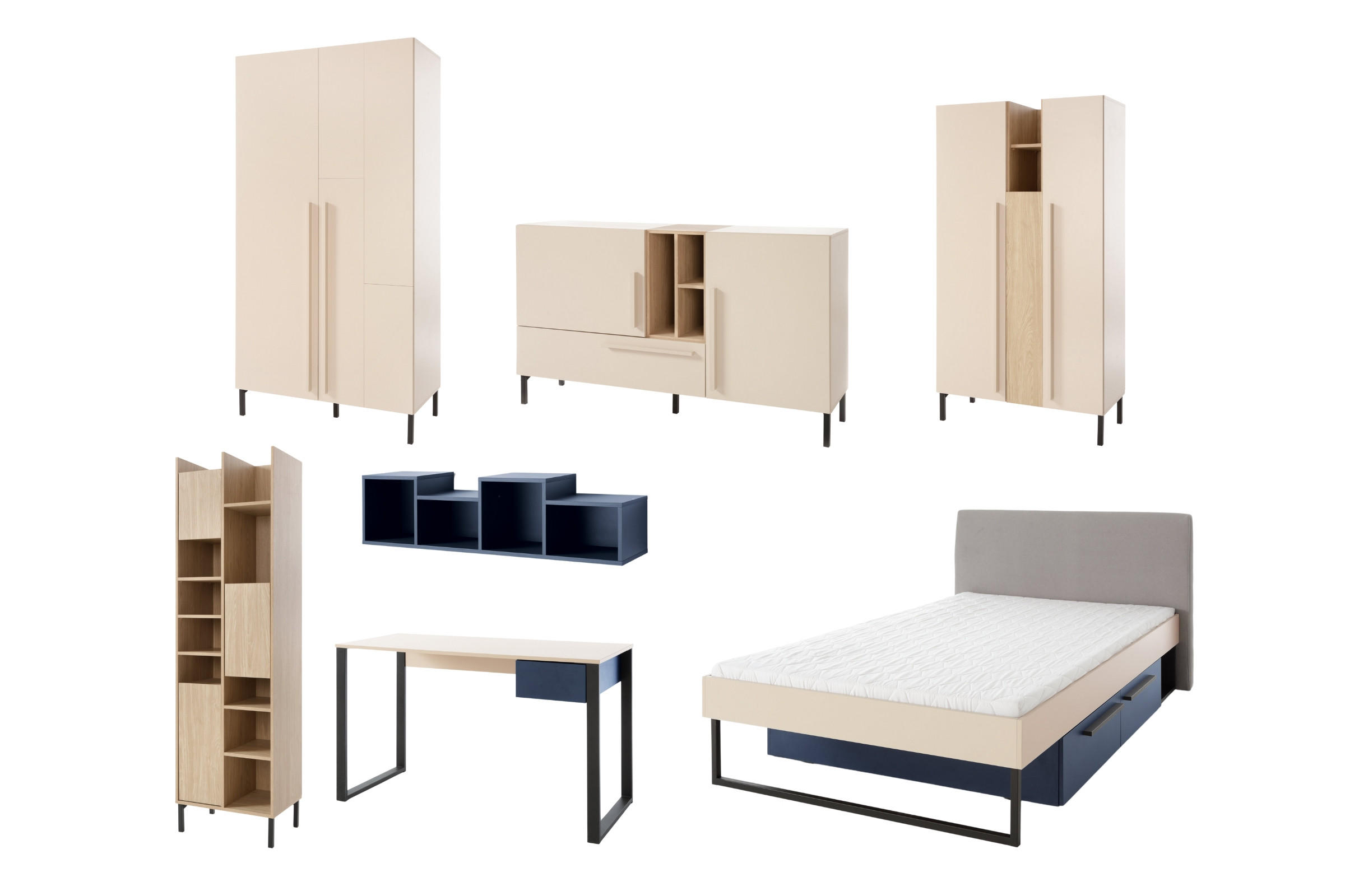 JUGENDZIMMER-SET SORENTO B 7-teilig in Sandbeige/Geölte Eiche/Royalblau - Eichefarben/Beige, Holzwerkstoff (662/195/212cm) - Deine Möbel 24
