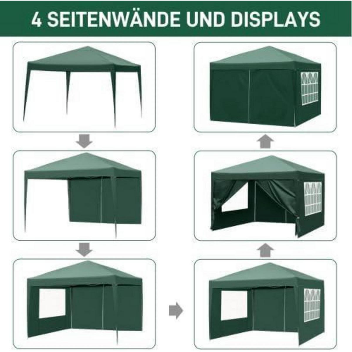 PAVILLON 3 x 3 m wasserdicht UV Schutz 50+ mit 4 Seitenteilen Grün - Grün, Textil (255/300/300cm)