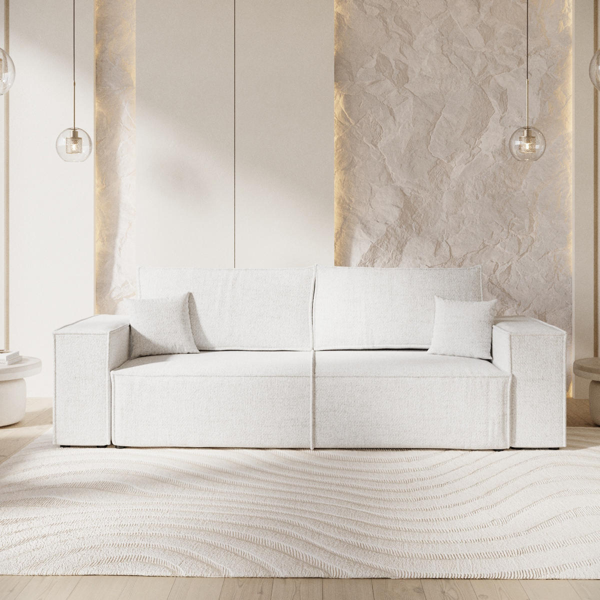 SOFA RESSO mit Schlaffunktion Creme im Neve Stoff - Creme/Schwarz, Holz/Holzwerkstoff (255/70/105cm) - AltaBeds