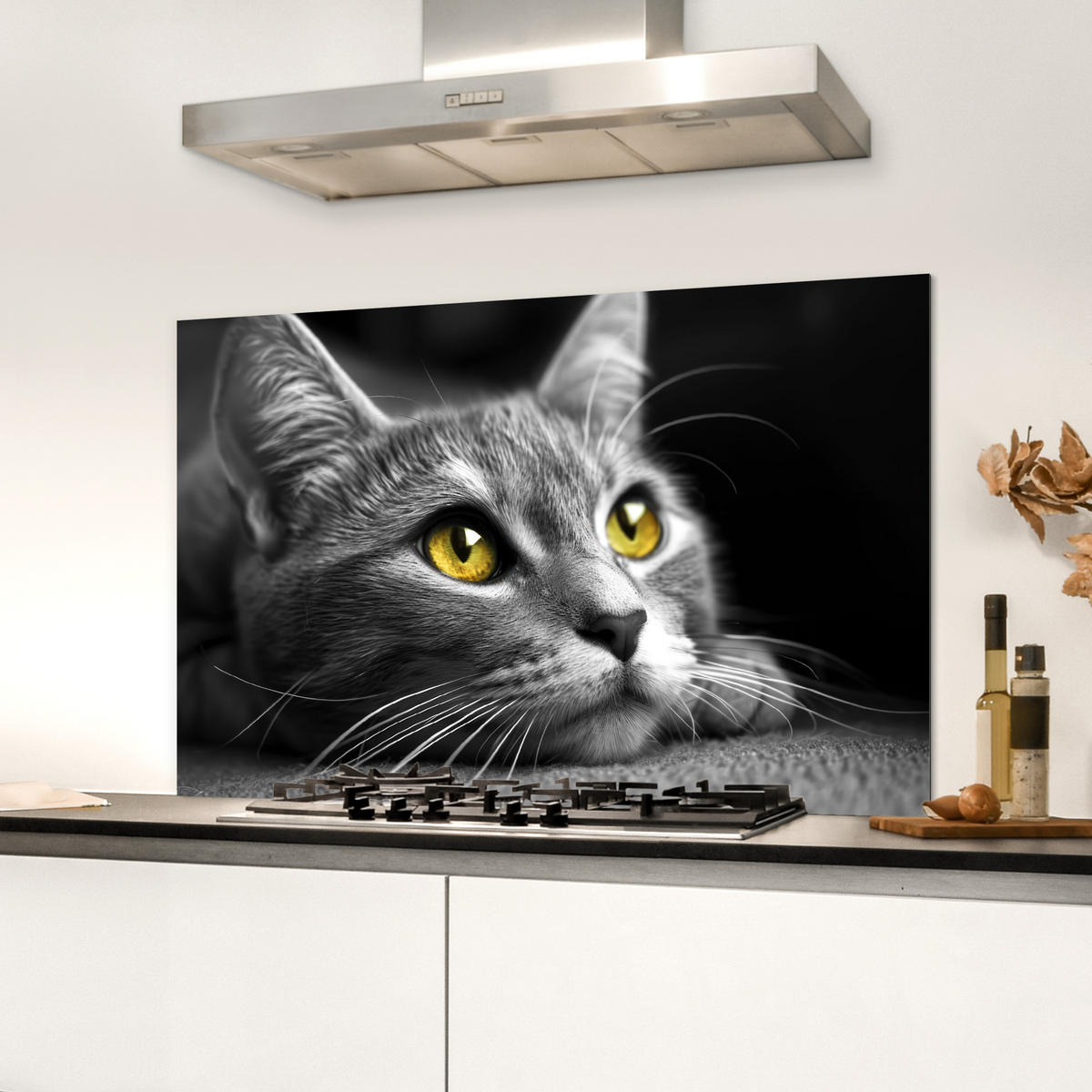 SPRITZSCHUTZ KÜCHE Katze - Grau - Tiere - Katze 80x55 cm - Grau, Metall (80/0.3/55cm) - MuchoWow