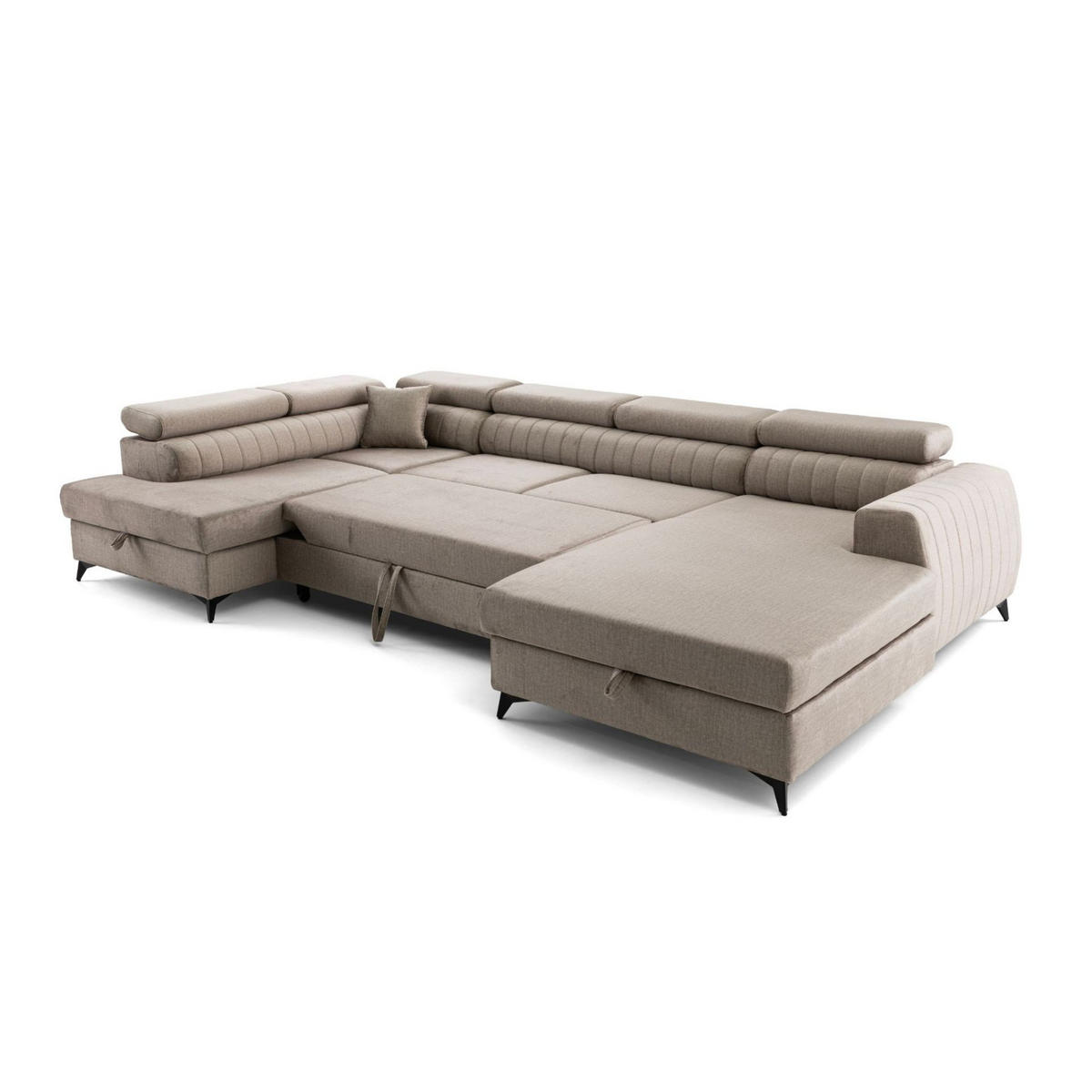 ECKSOFA U-Form PIERO U Links mit Schlaffunktion 125x260 Velours Beige - Beige/Schwarz, Holz/Textil (350/90/203cm) - Muffo