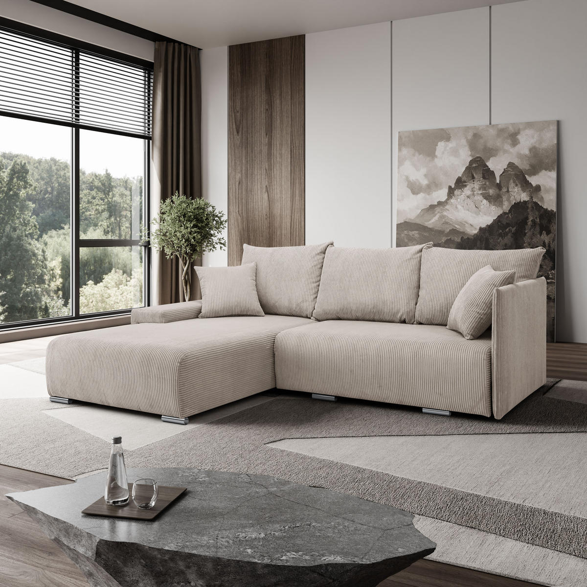 ECKSOFA L-Form Schlaffunktion Livorno Cord-Stoff Beige Links - Chromfarben/Beige, Holz/Kunststoff (188/246cm) - Kaiser Möbel