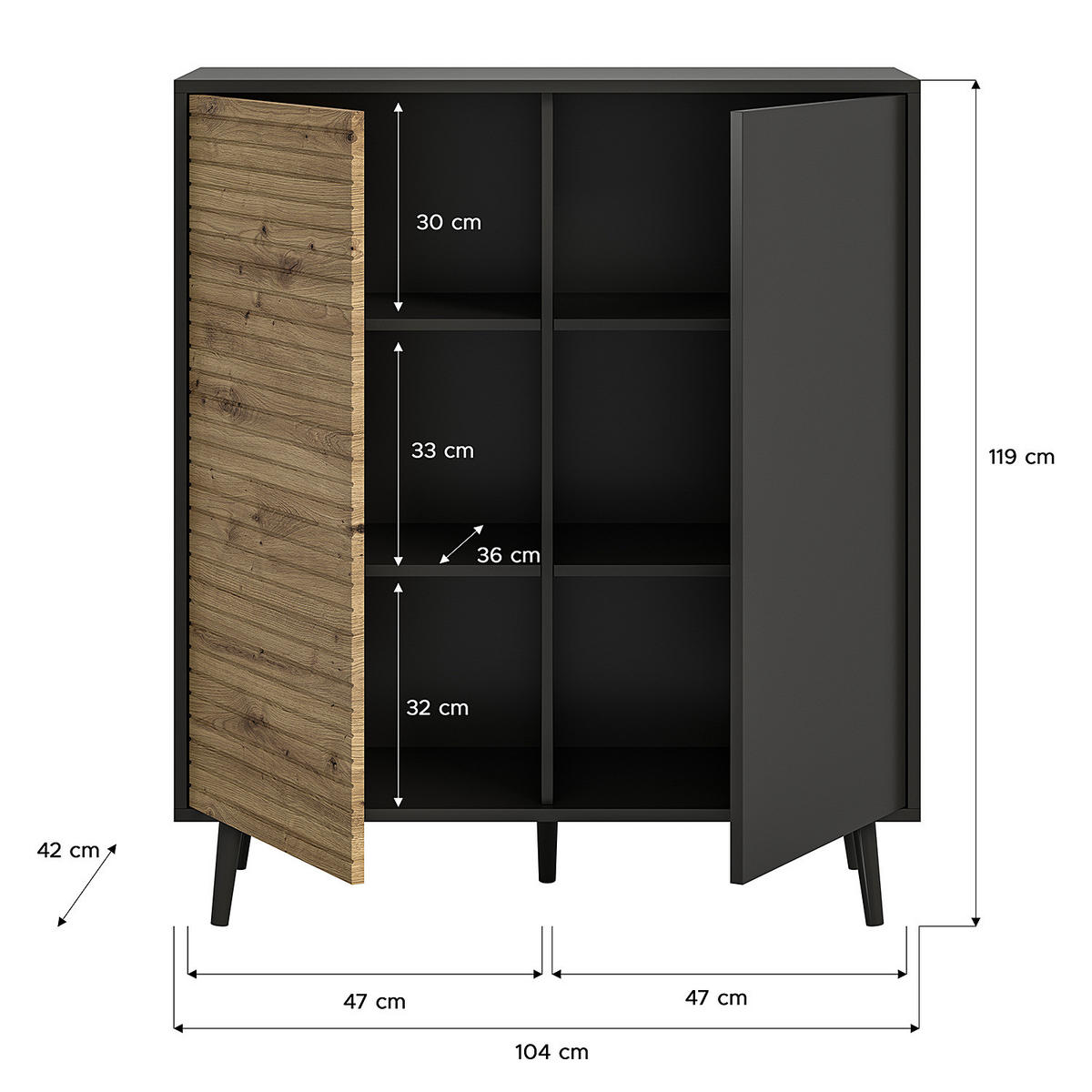 KOMMODE - Schwarz / Eiche Artisan Dekor - Eichefarben/Schwarz, Holzwerkstoff (104/112/42cm) - home24