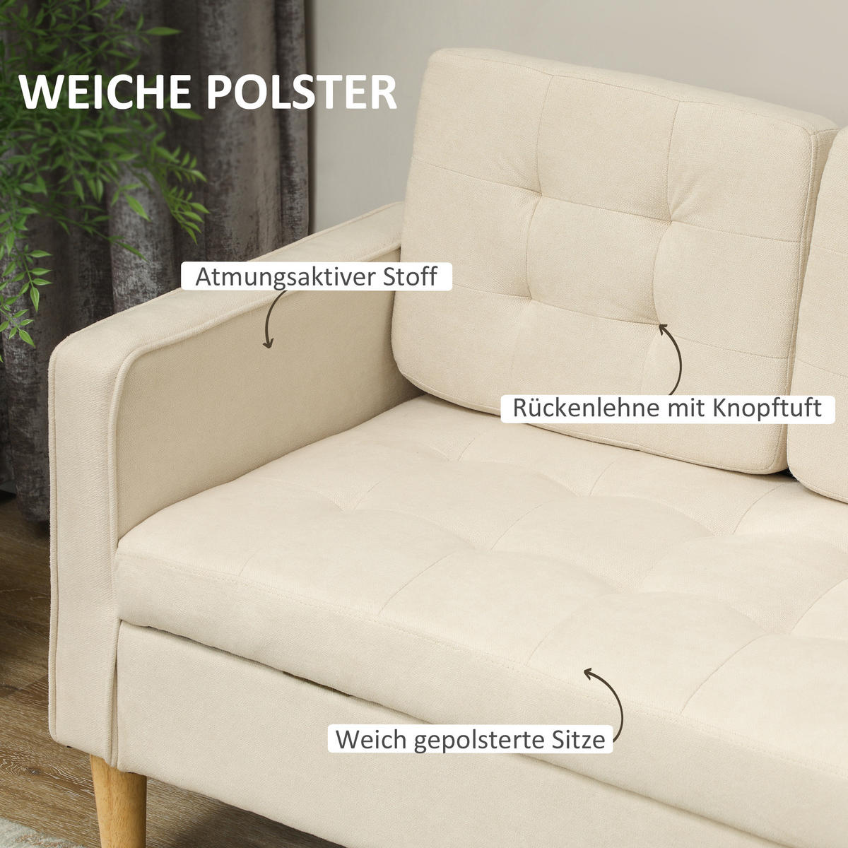 3 Sitzer Sofa, Couch mit Stauraum, Holzbeine, Samtoptik für Wohnzimmer - Creme/Naturfarben, Holz/Textil (62/82/166.5cm) - HOMCOM