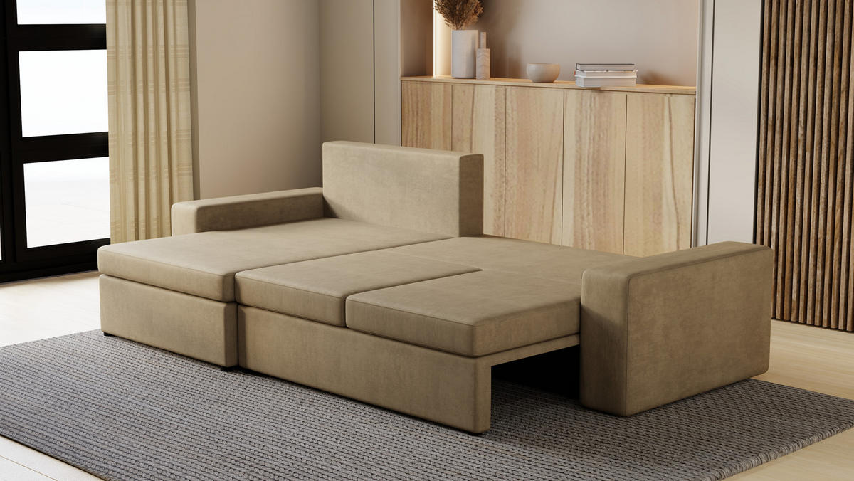 ECKSOFA Paco mit Bettkasten und Schlaffunktion, L-Form/XL-Form, Velourstoff, Universal - Cappuccino, Holzwerkstoff (276/145cm) - 4ALL HOME