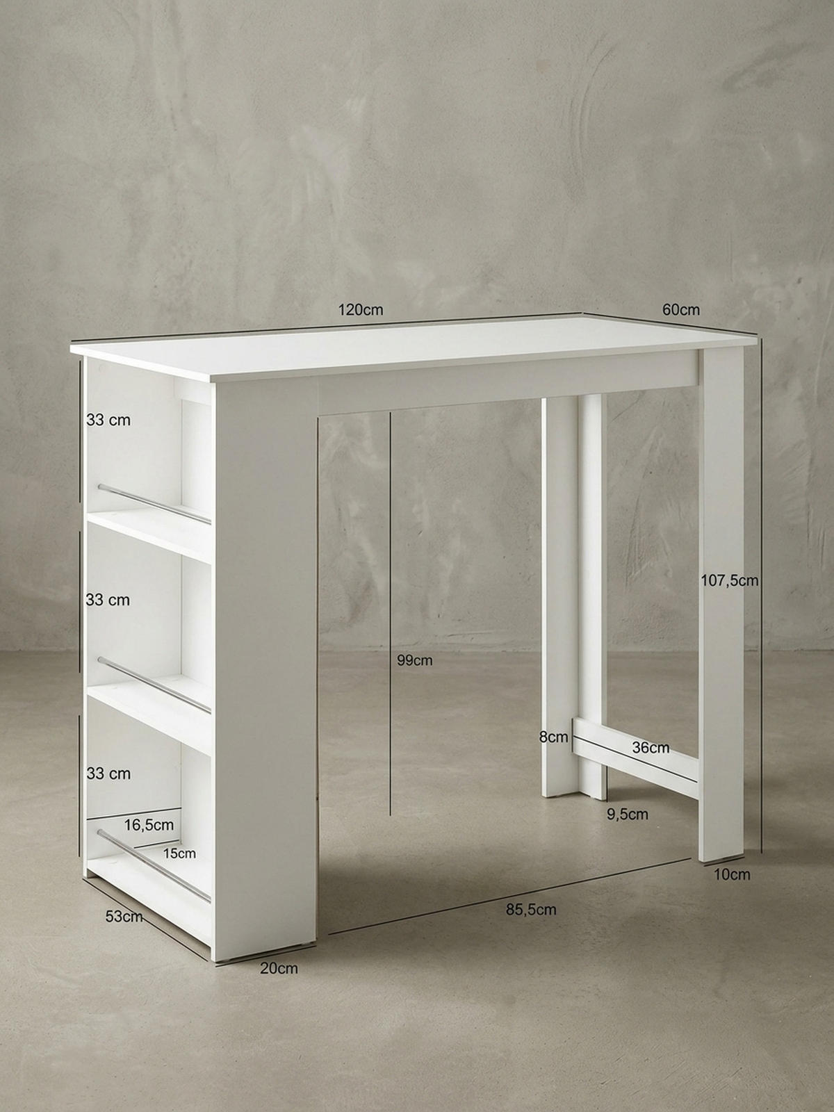 KÜCHENTRESEN GANDER Edelstahl 3 Fächer Ablage, Weiß 120x60x107 cm - Weiß, Holz/Metall (60/120/107cm) - KADIMA DESIGN