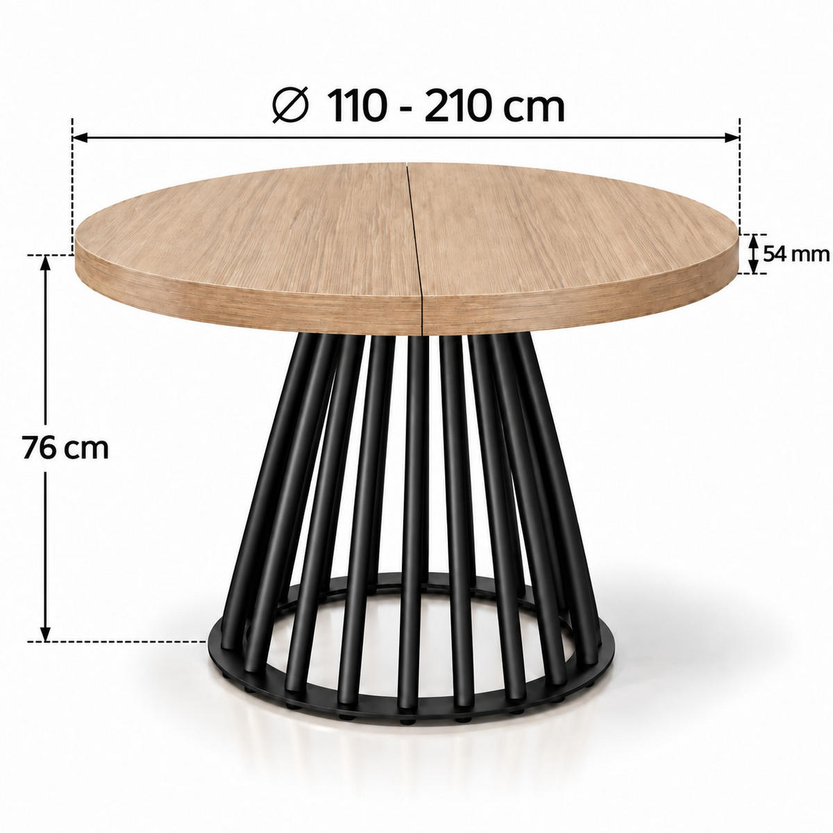 ESSTISCH rund ausziehbar 110/210/76 cm, Hellbraun Eiche Hikora Egger Natur, 54 cm Tischplatte + Lamellen-Metallgestell Schwarz - Hellbraun/Eichefarben, Holzwerkstoff/Metall (110/210/76cm) - Damale Möbel